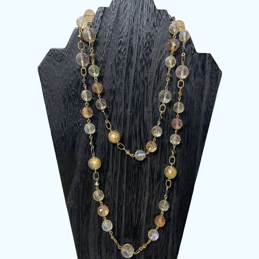 Vintage Gold Tone Aurora Borealis Crystal Bead Necklace With Lobster Clasp